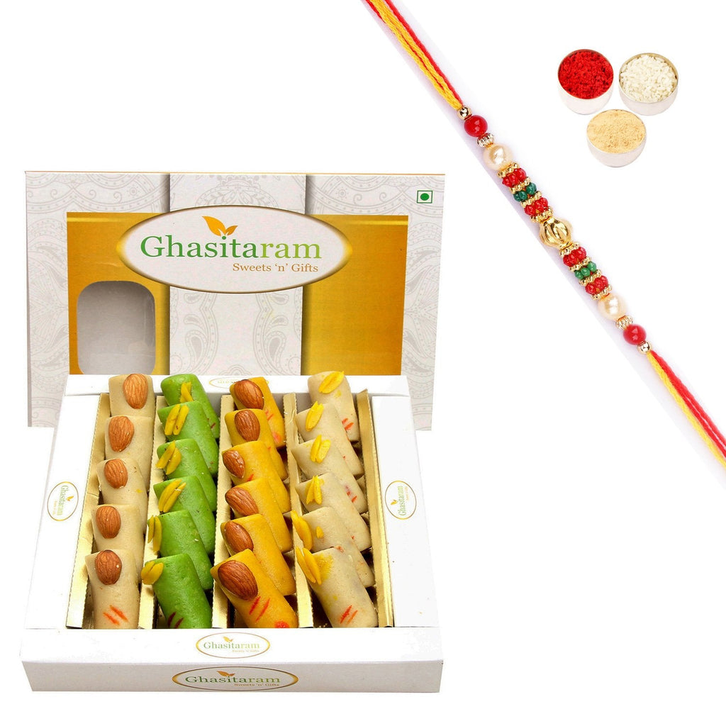 Ghasitaram Assorted Rolls Box With Pearl Beads Rakhi | Grocsy