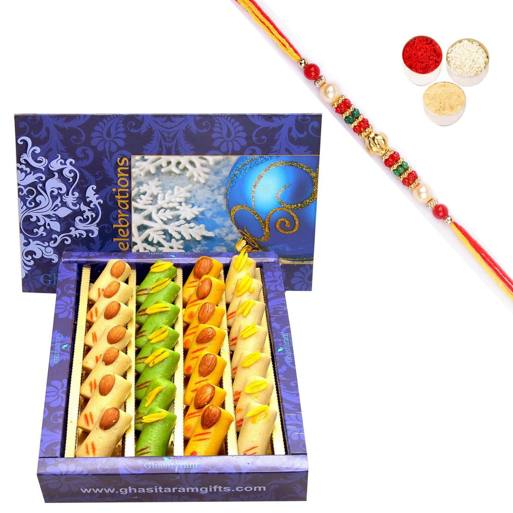 Ghasitaram Assorted Rolls Box With Pearl Beads Rakhi | Grocsy