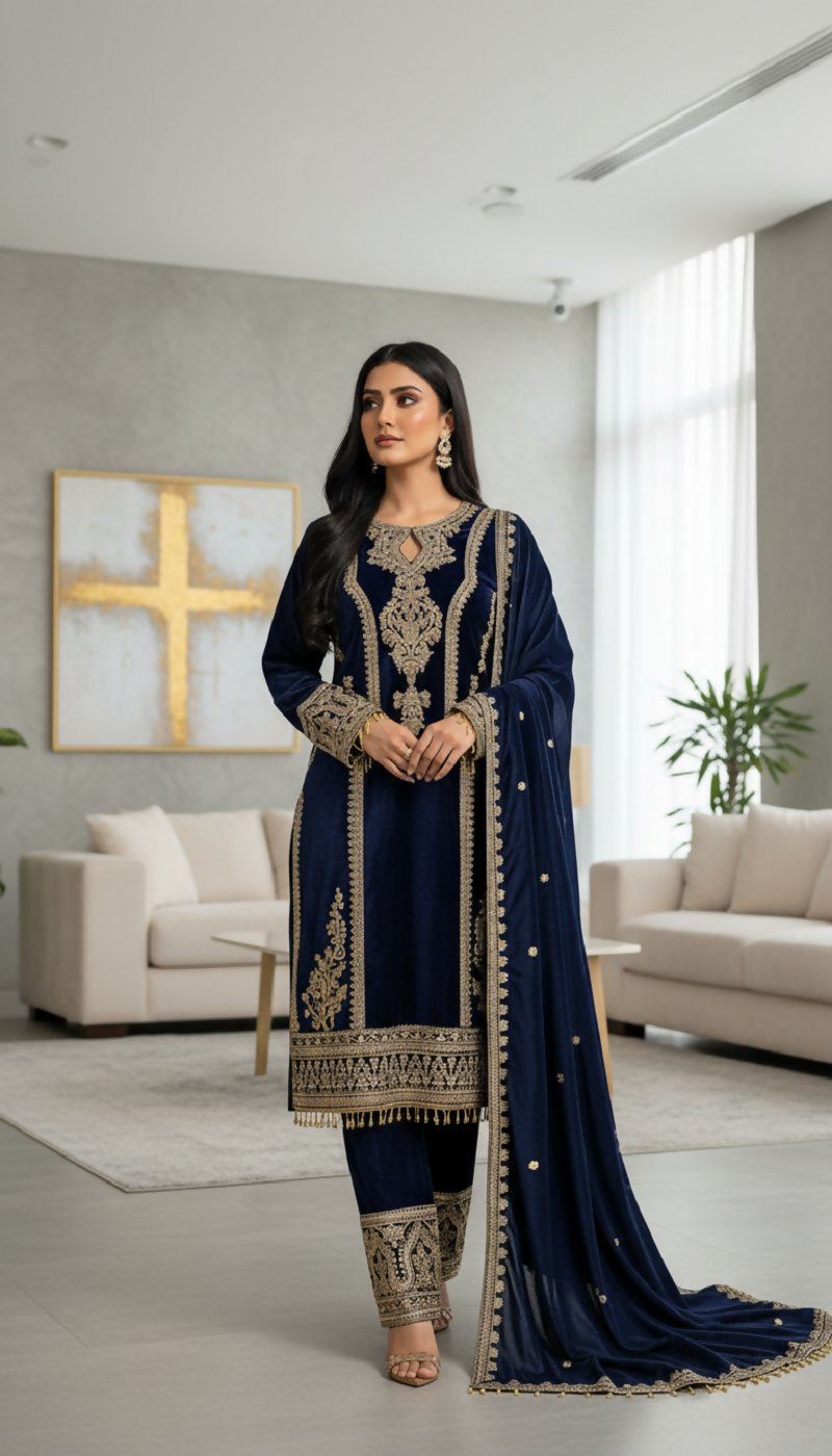 Joban Fashion Blue Velvet Embroidery Sequence Work Readymade Kurta Set | Grocsy