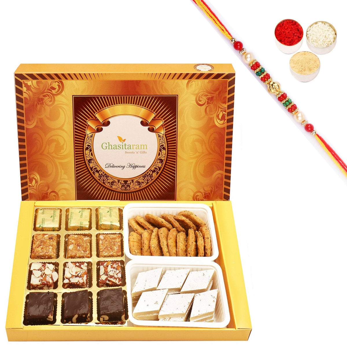 Ghasitaram Assorted Bites, Kaju Katli and Methi Mathi With Pearl Beads Rakhi | Grocsy