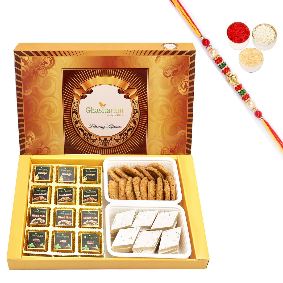 Ghasitaram Assorted Chocolates, Kaju Katli and Methi Mathi With Pearl Beads Rakhi | Grocsy