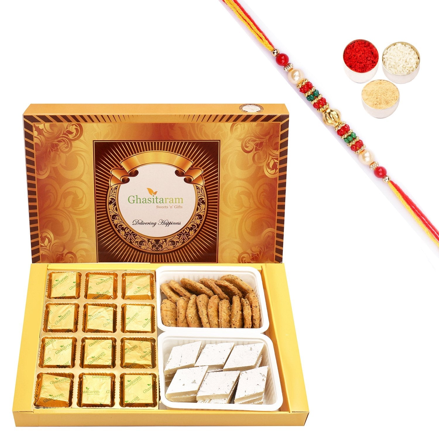 Ghasitaram Mewa Bites, Kaju Katli and Methi Mathi With Pearl Beads Rakhi | Grocsy