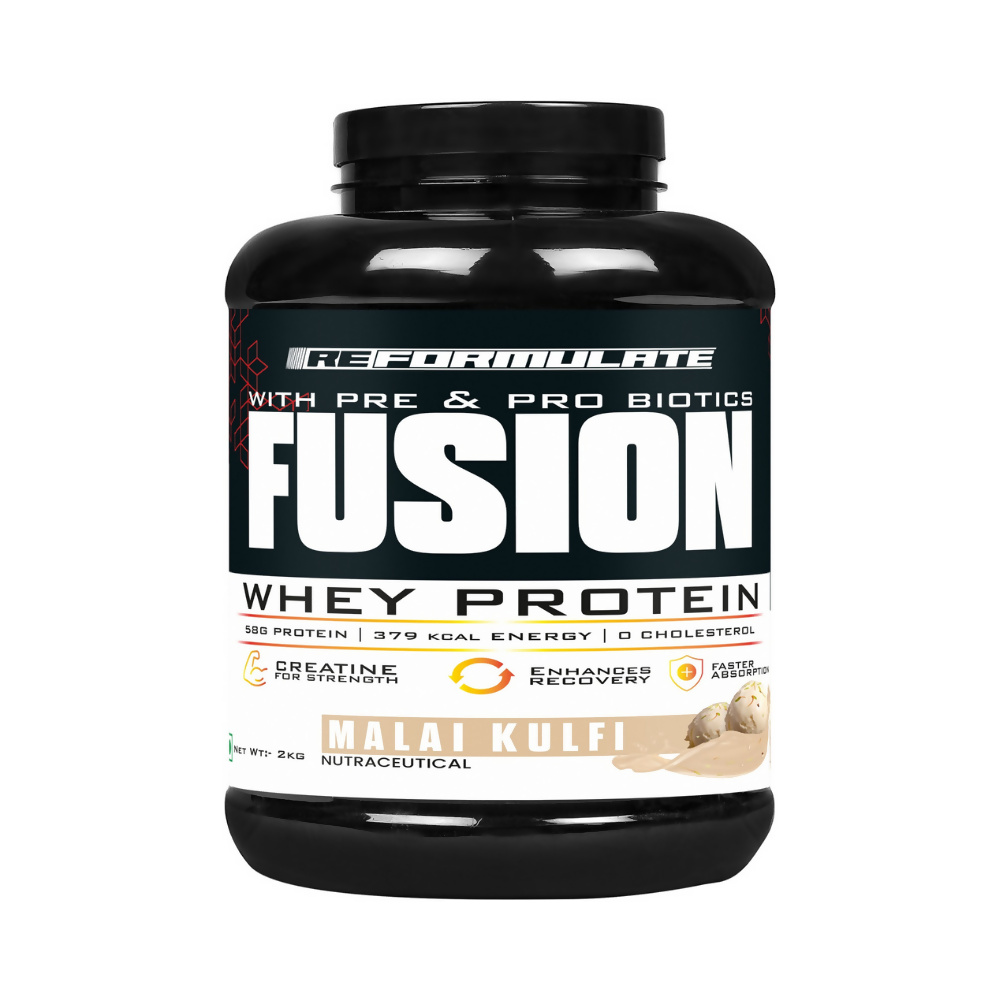 Reformulate Fusion Whey Protein With Pre & Pro Biotics I Muscle Growth I 58G Protein | 379 Kcal Energy - Malai Kulfi | Grocsy