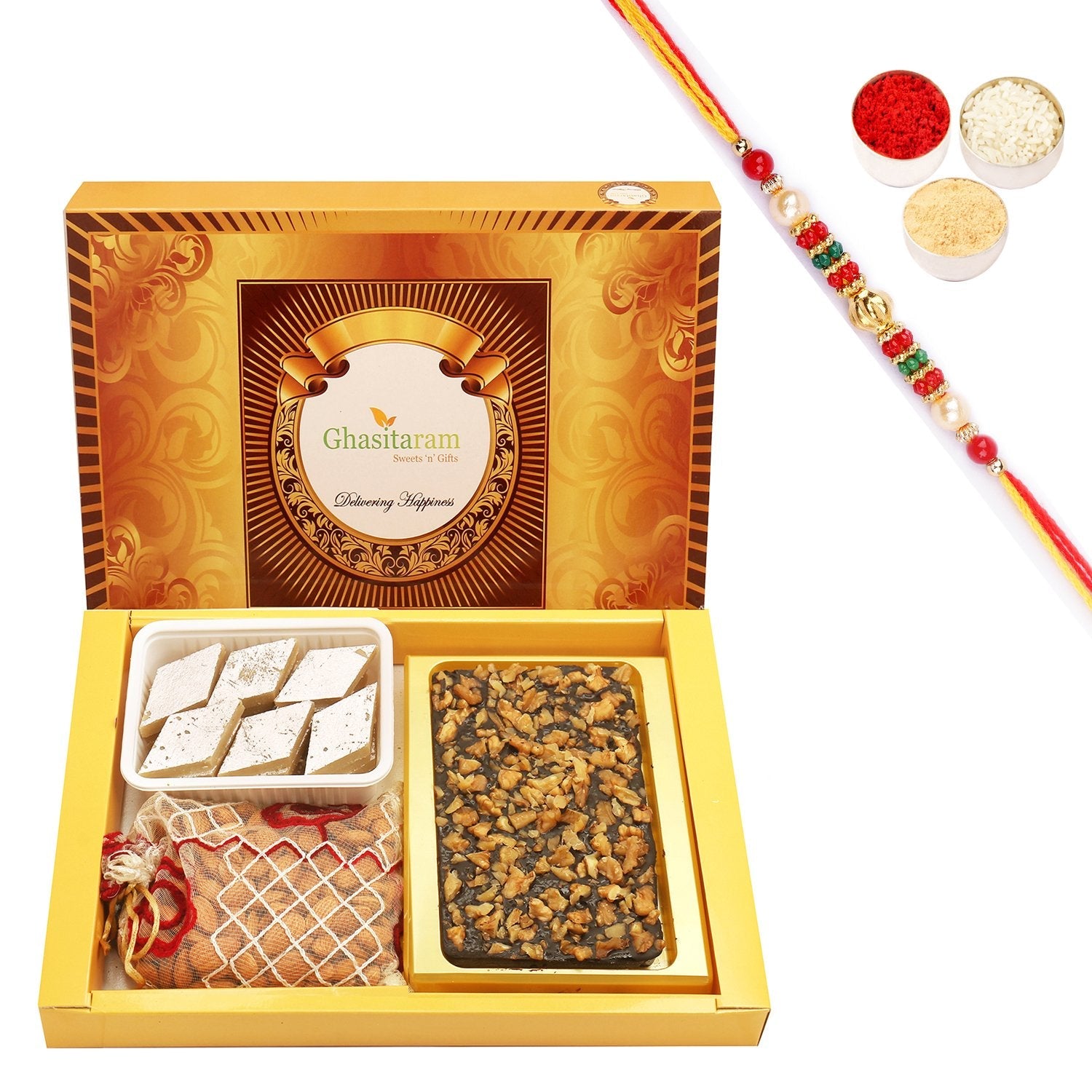Ghasitaram Walnut Chocolate Bark, Almonds and Kaju Katli With Pearl Beads Rakhi | Grocsy