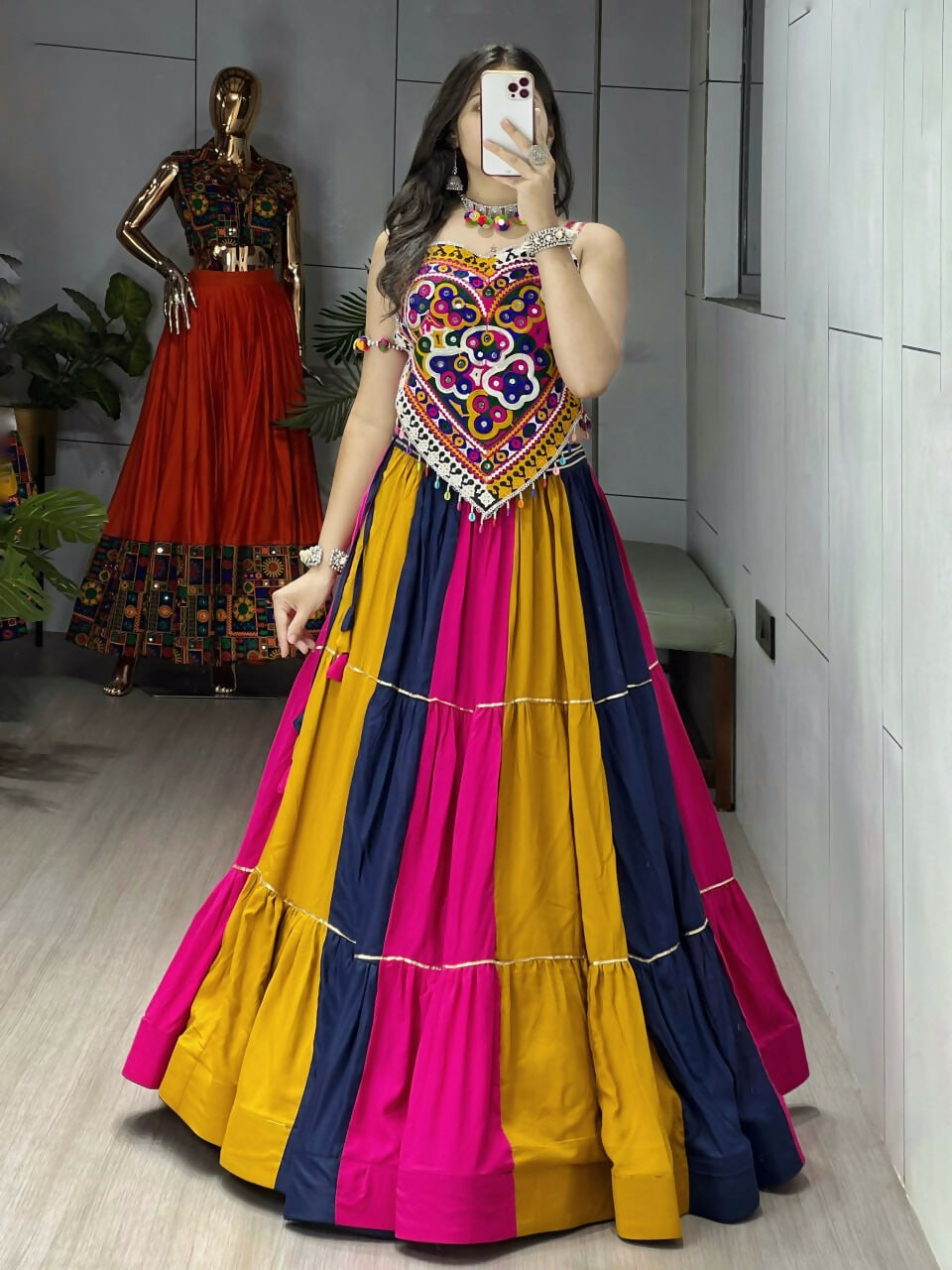 Yash Enterprise Multi Color Rayon Cotton Embroidery Semi Stitched Navratri Top Chaniya Choli | Grocsy
