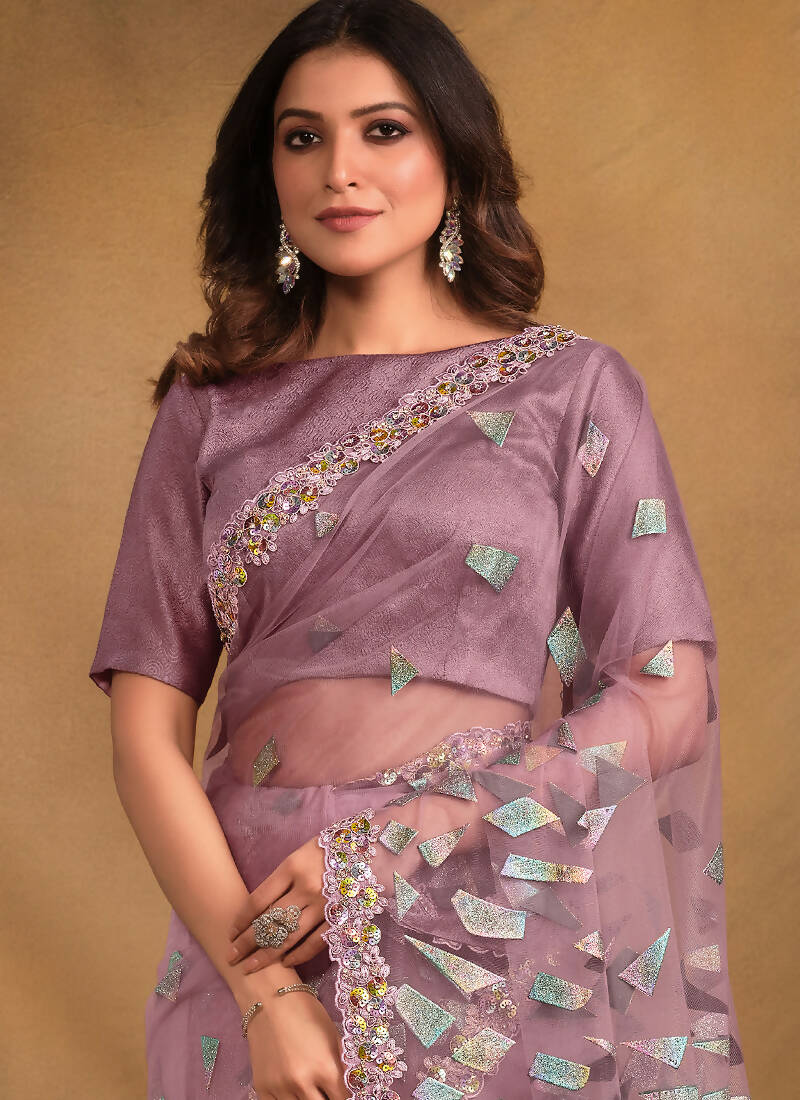 Light Purple Velvet Texture Net Designer Saree with Unstitched Blouse - Norita Mahitha | Grocsy