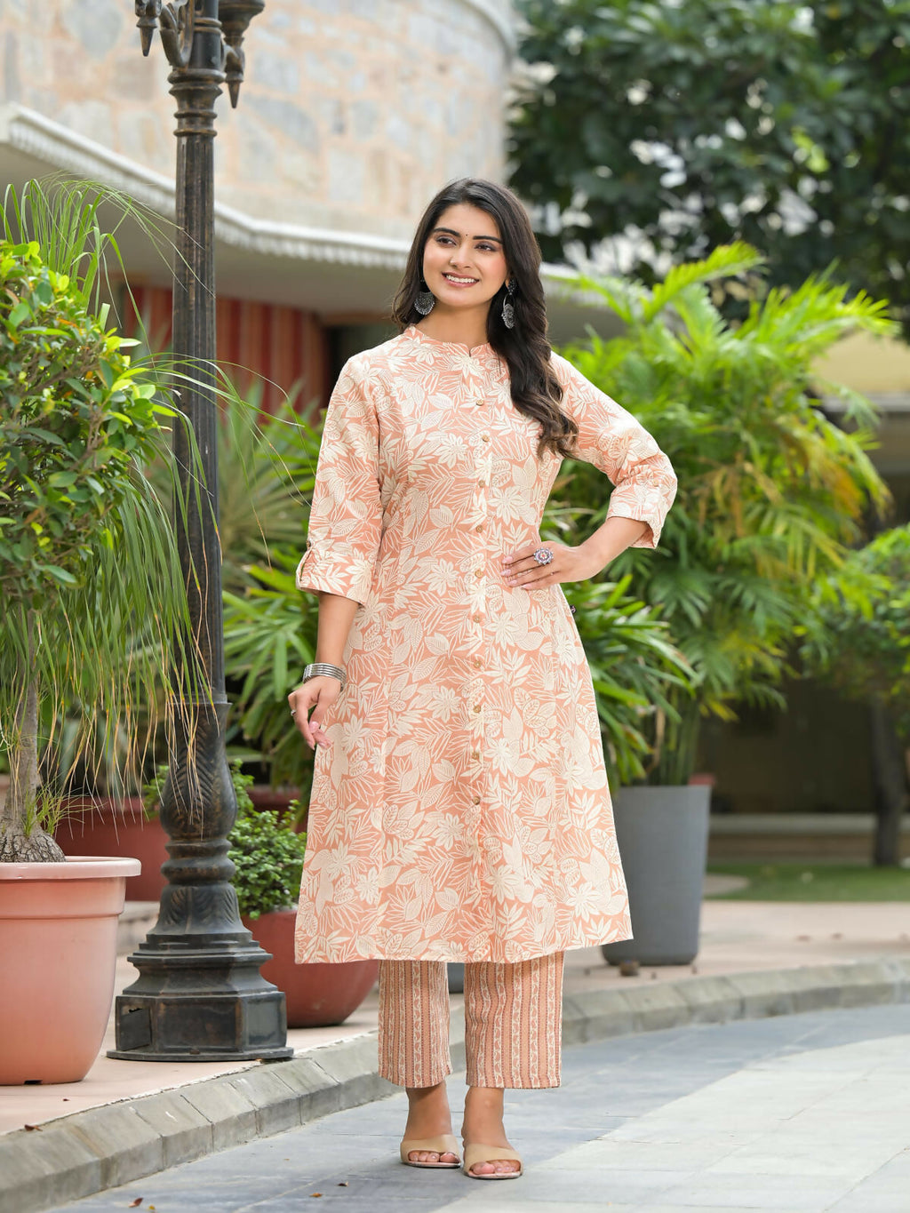 Juniper Women's Brown Floral Printed Cotton Kurta Set With Buttons | Grocsy