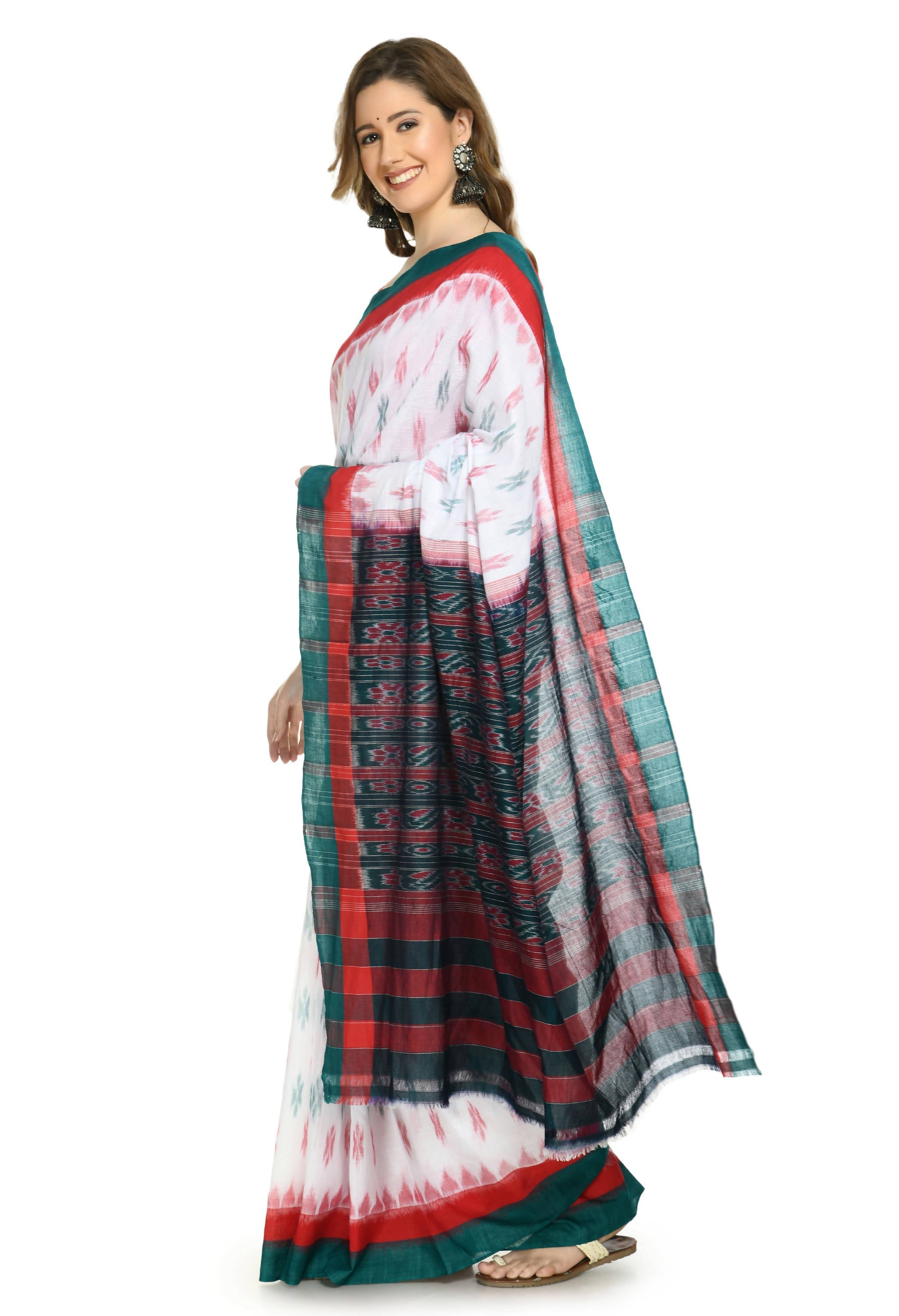 Vamika Sambalpuri Ikat Cotton Dehabandha White, Red & Green Saree | Grocsy