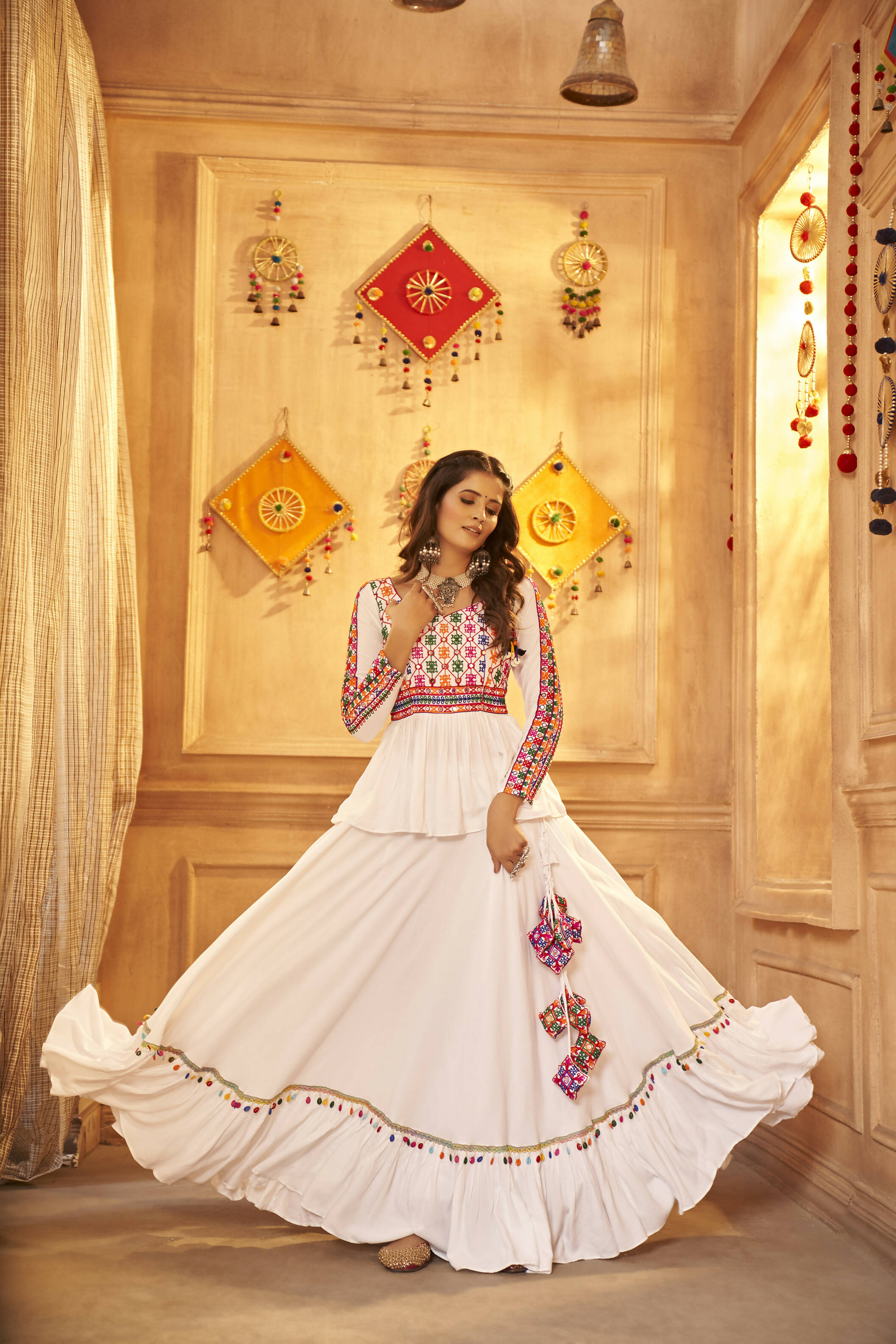 White Viscose Rayon Navratri Lehenga Choli With Dupatta - Raas | Grocsy