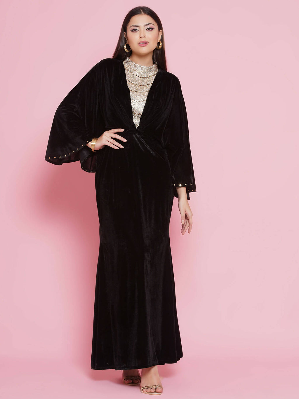 Women Republic Black Velvet Embellished Gown | Grocsy