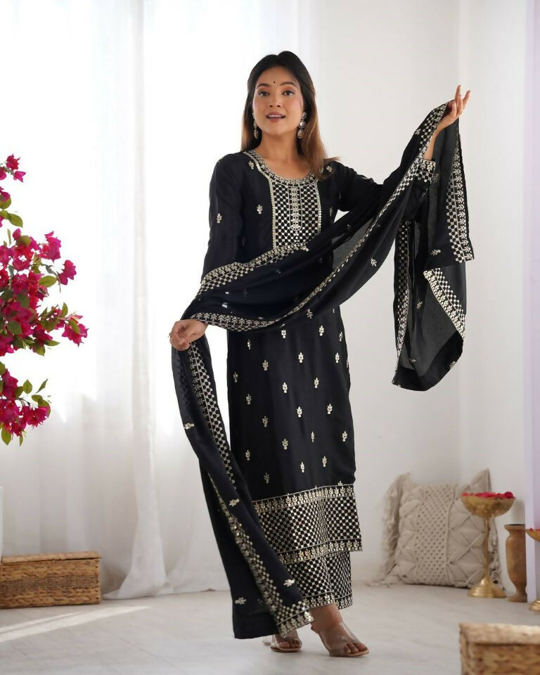 Teeya Creation Black Color Pure Chinnon Silk Embroidery Work Functional Wear Salwar Suit | Grocsy