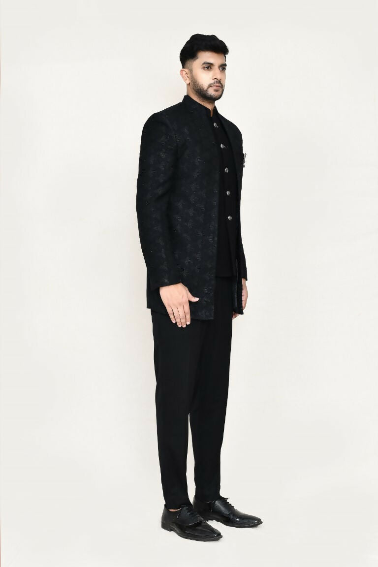 Joban Fashion Black Colored Imported Jacquard Fabric Open Prince Coat, Jacket With Pant | Grocsy