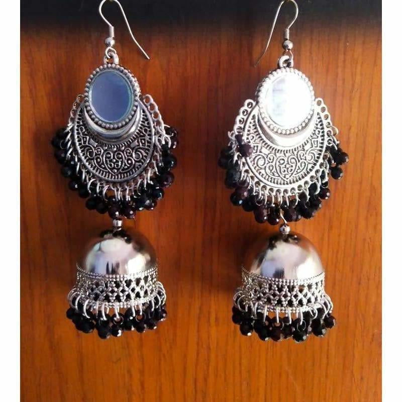 MS Fashion India Silver Oxidized Traditional Chandbali Earrings With Black Beads And Mirror Tassels | Grocsy