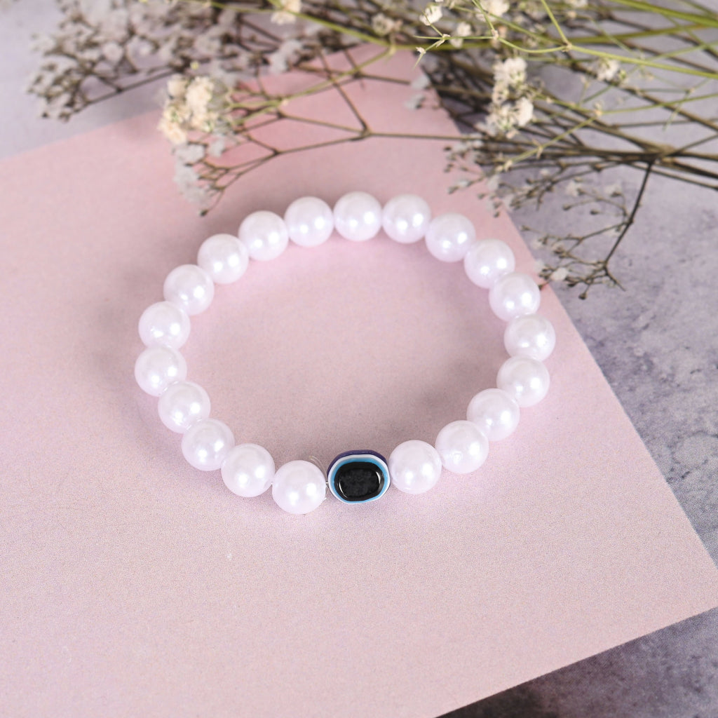 NVR Men & Women White Evil Eye Crystal Elasticated Bracelet | Grocsy
