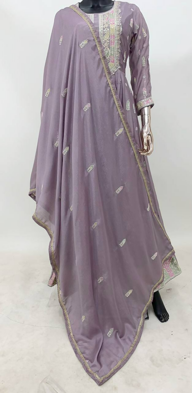 Lorenvalley Fashion Lavender Chinon Embroidery With Sequince Work Gown Stitched | Grocsy