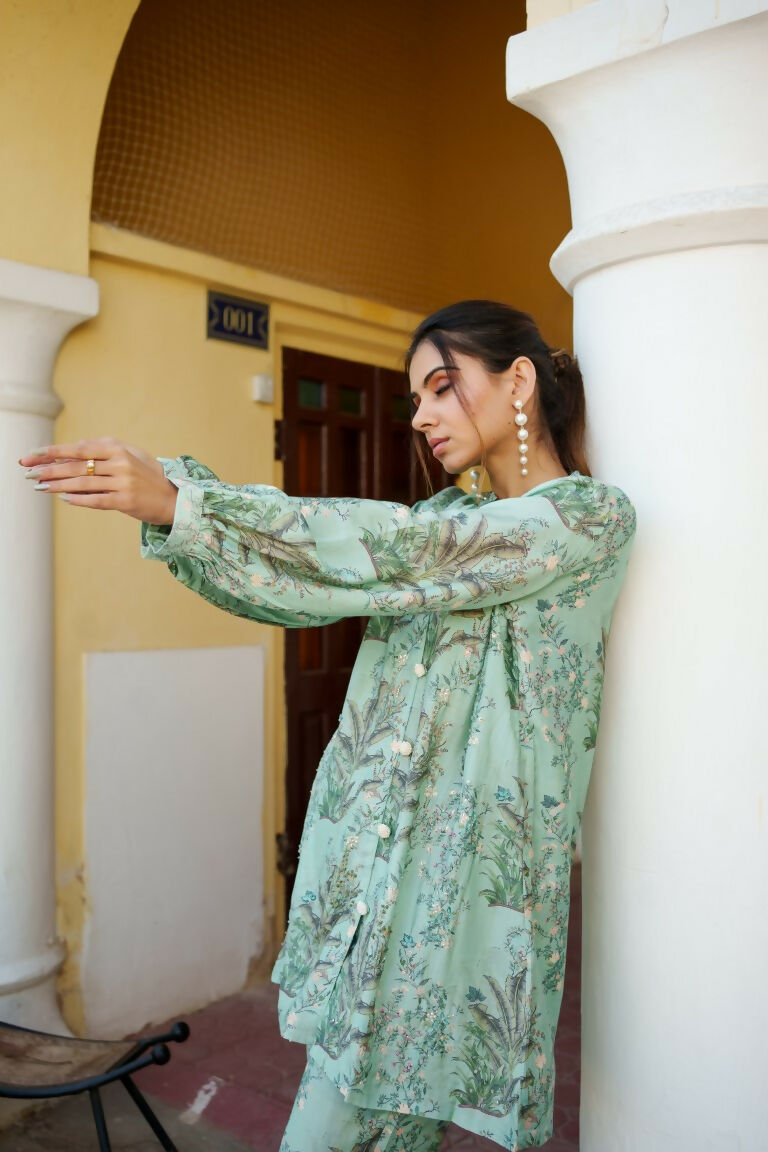 Vaasva Women Sky Blue Muslin Embroidered Shirt & Pant Set | Grocsy