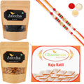 Ghasitaram Kaju Katli ,Blueberry and Almonds Pouch With 2 Pearl Beads Rakhis | Grocsy
