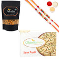 Ghasitaram Soan Papdi and Butter Chakli Sticks With 2 Pearl Beads Rakhis | Grocsy