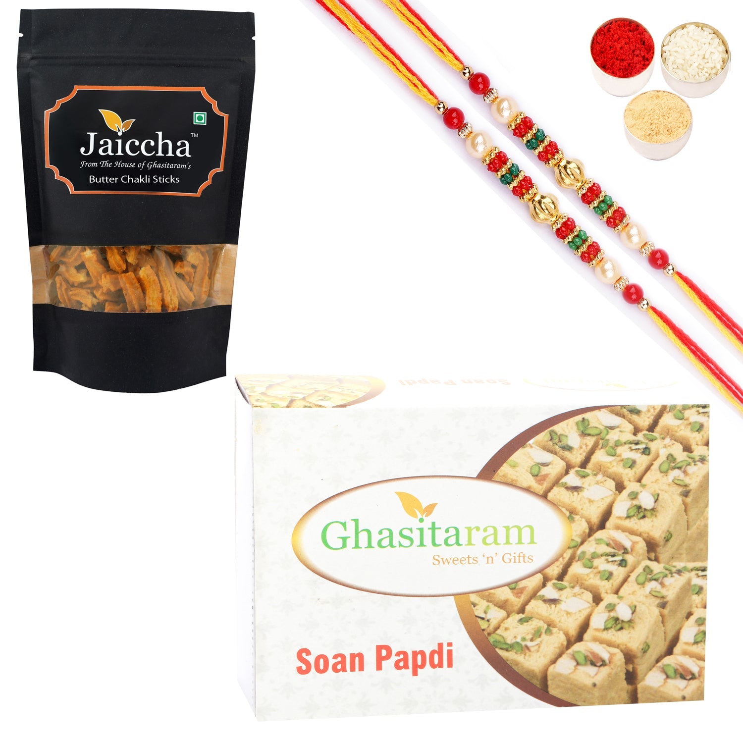 Ghasitaram Soan Papdi and Butter Chakli Sticks With 2 Pearl Beads Rakhis | Grocsy