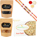 Ghasitaram Soan Papdi ,Blueberry and Almonds Pouch With 2 Pearl Beads Rakhis | Grocsy