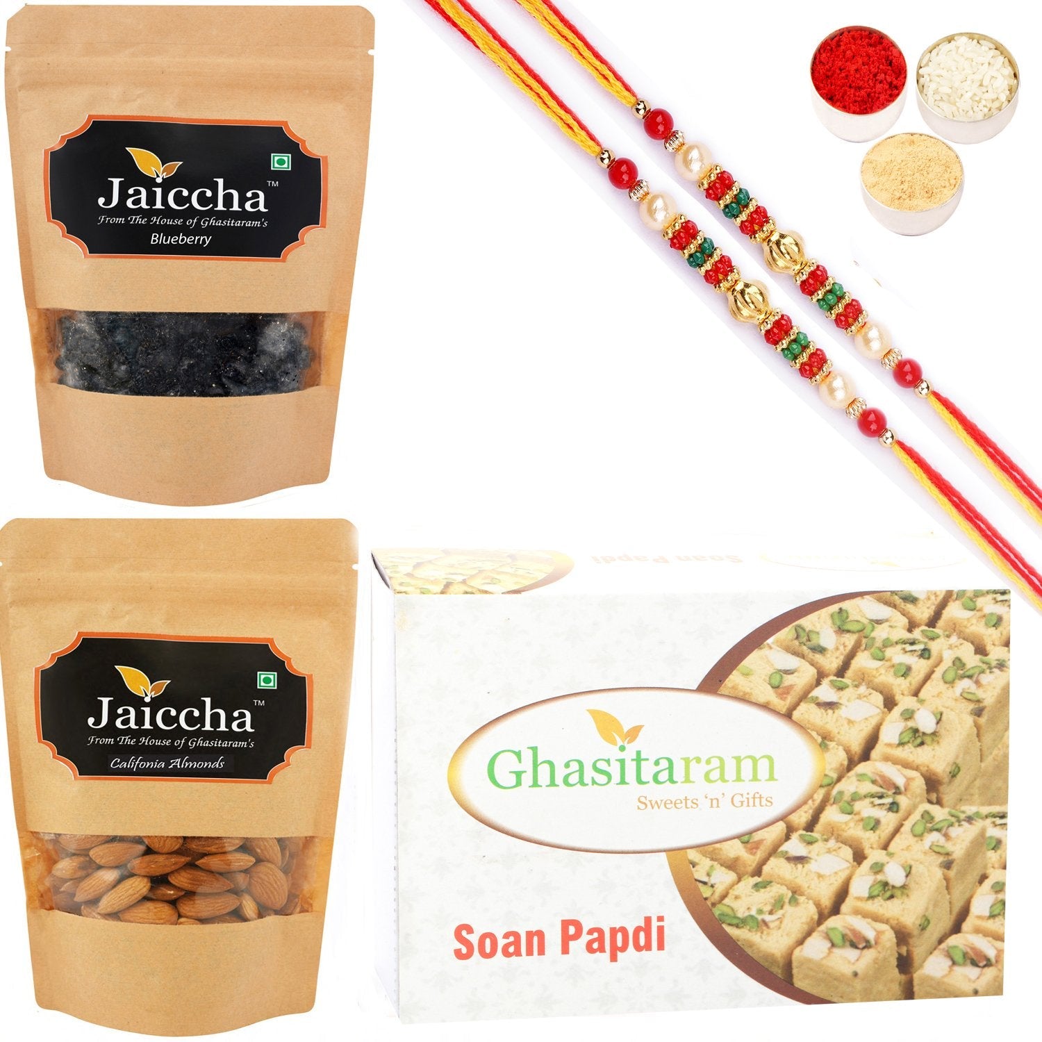 Ghasitaram Soan Papdi ,Blueberry and Almonds Pouch With 2 Pearl Beads Rakhis | Grocsy
