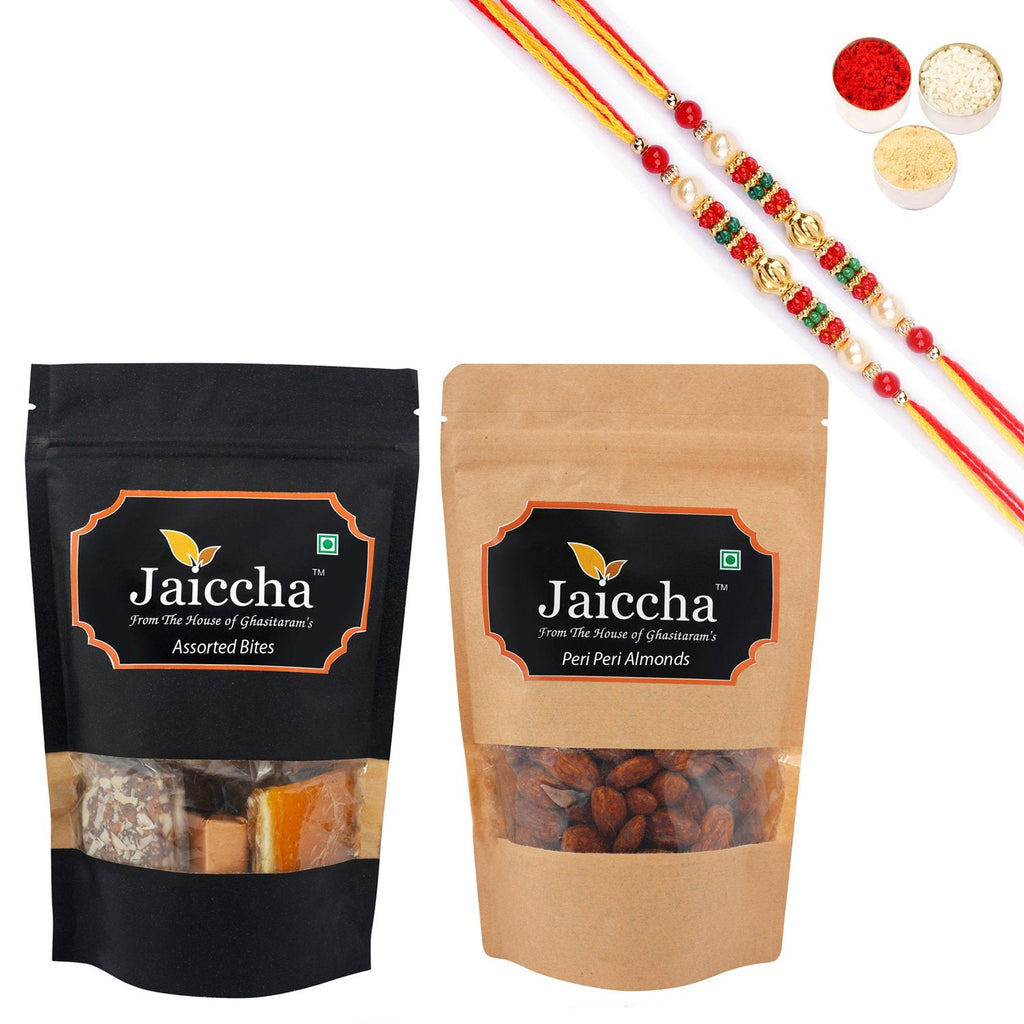 Ghasitaram Assorted Bites, Peri Peri Almonds With 2 Pearl Beads Rakhis | Grocsy