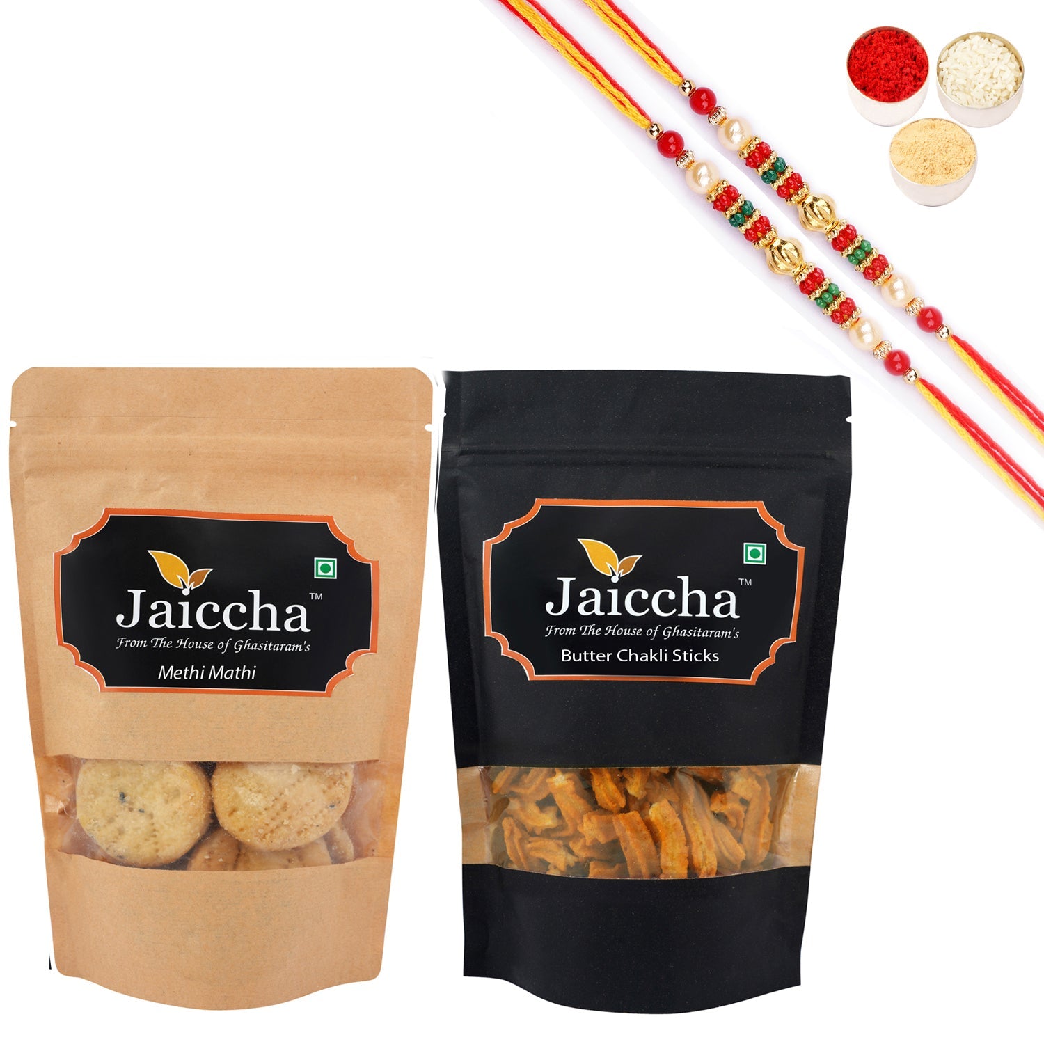 Ghasitaram Jaiccha Assorted Bites and Methi Mathi With 2 Pearl Beads Rakhis | Grocsy