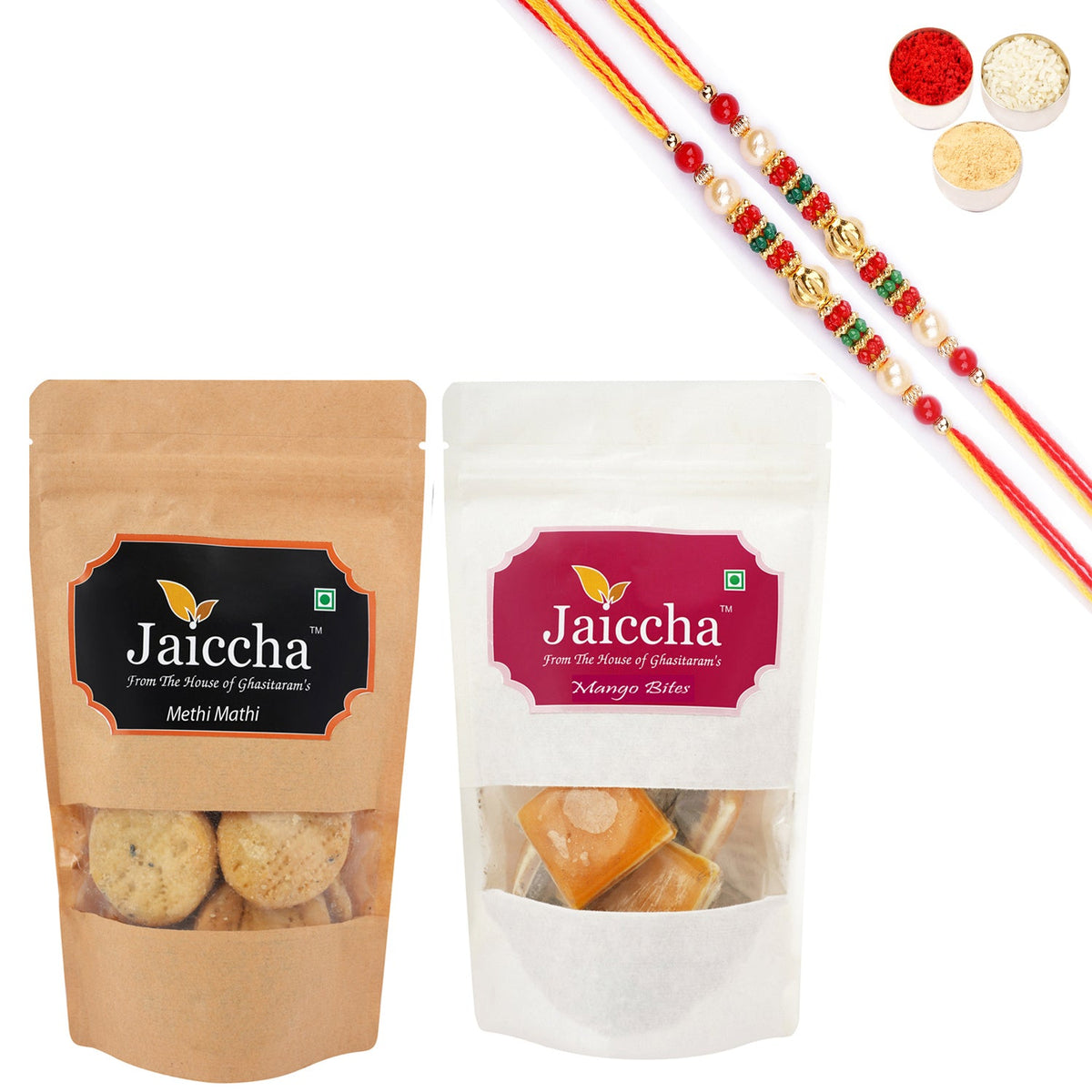 Ghasitaram Jaiccha Mango Bites and Methi Mathi With 2 Pearl Beads Rakhis | Grocsy