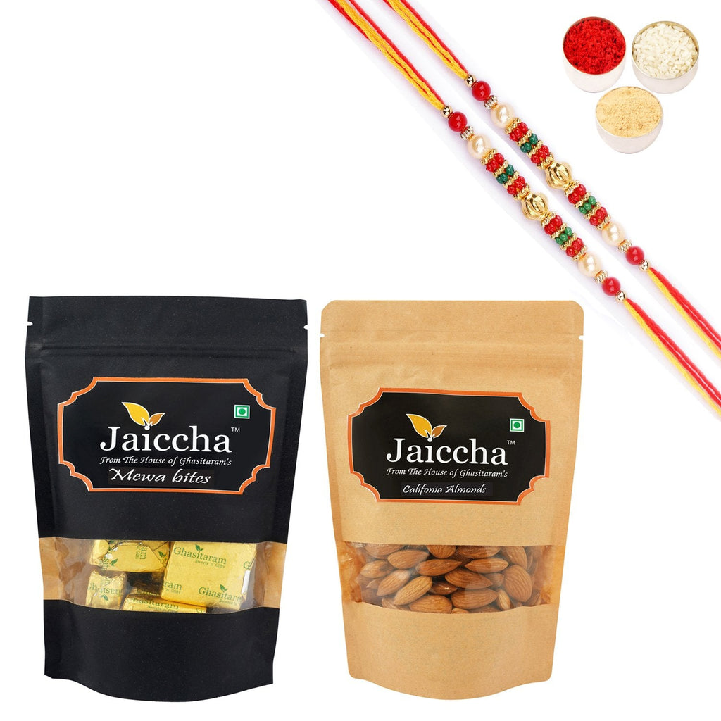 Ghasitaram Mewa Bites, Almonds With 2 Pearl Beads Rakhis | Grocsy