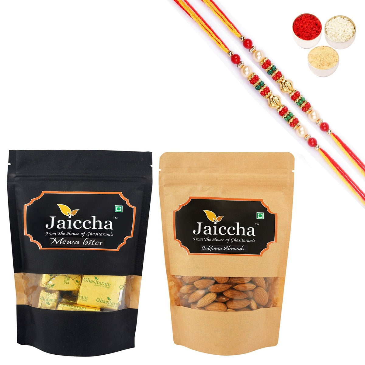 Ghasitaram Mewa Bites, Almonds With 2 Pearl Beads Rakhis | Grocsy
