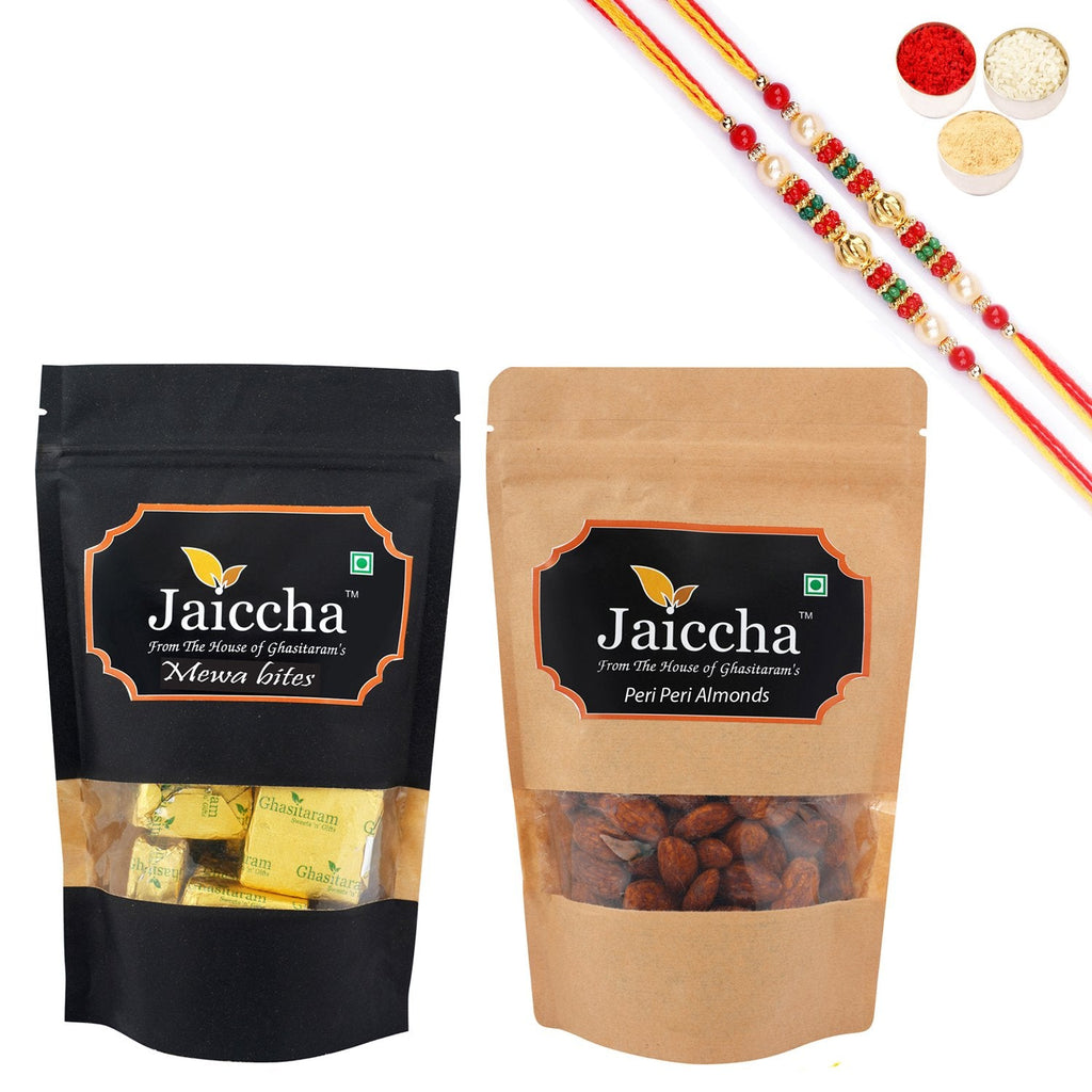Ghasitaram Mewa Bites, Peri Peri Almonds With 2 Pearl Beads Rakhis | Grocsy
