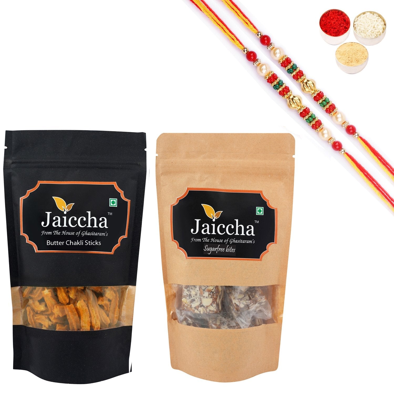 Ghasitaram Suagrfree Bites and Butter Chakli Sticks With 2 Pearl Beads Rakhis | Grocsy
