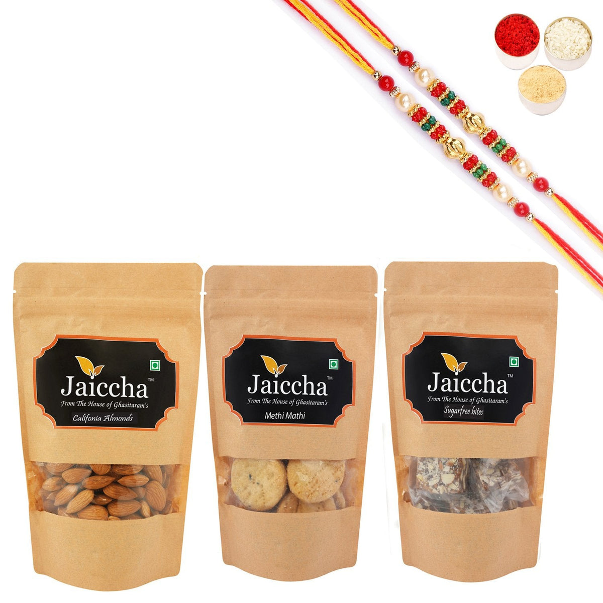 Ghasitaram Jaiccha Suagrfree Bites,Methi Mathi and Almonds With 2 Pearl Beads Rakhis | Grocsy