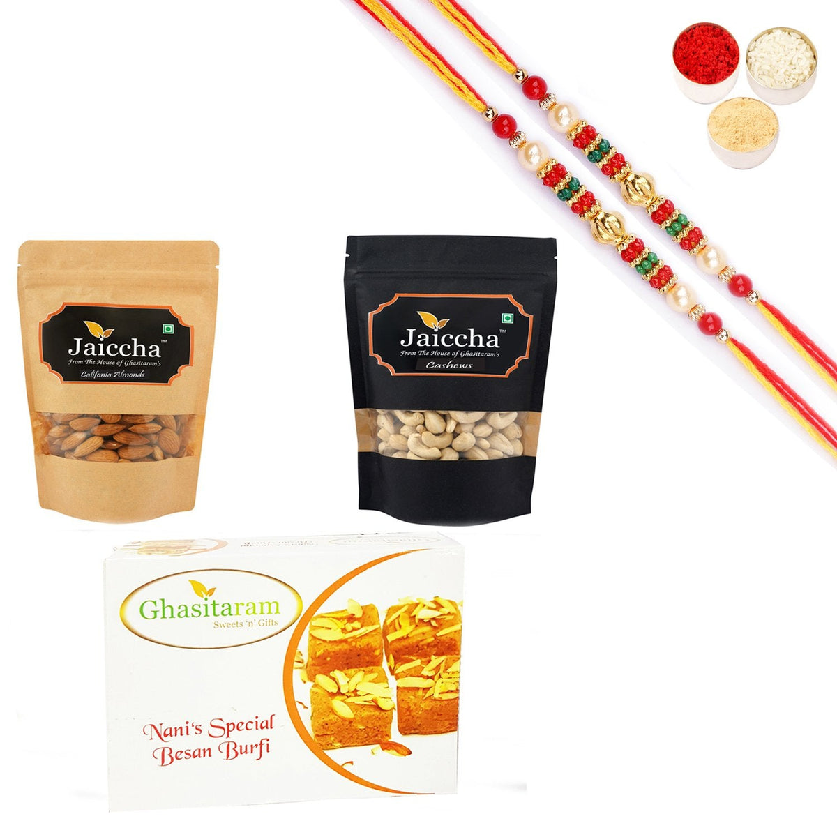 Ghasitaram Almonds,Cashews and Besan Barfi With Pearl Beads Rakhi | Grocsy