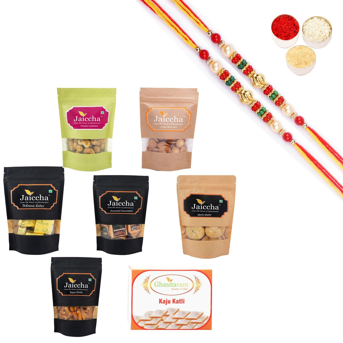 Ghasitaram Best of 7 Sweets and Snacks Combo with Pearl Beads Rakhi | Grocsy