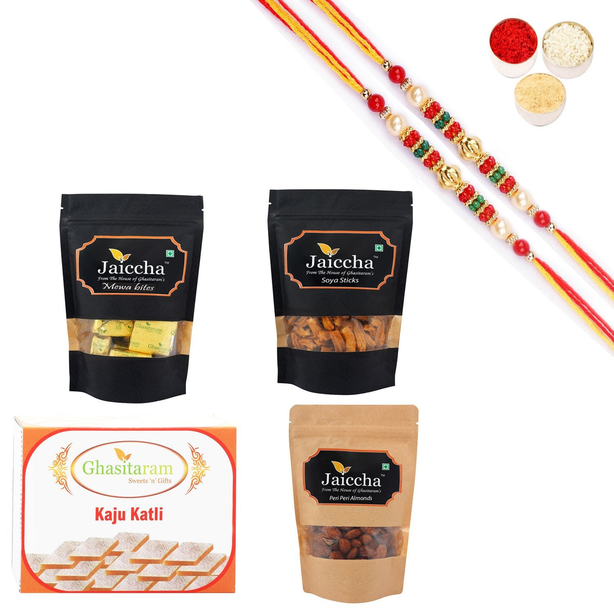 Ghasitaram Kaju Katli,Mewa Bites Pouch,Soya Sticks Pouch and Flavoured Almonds Pouch With Pearl Beads Rakhi | Grocsy