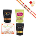 Ghasitaram Kaju Katli,Mewa Bites Pouch,Soya Sticks Pouch and Protein Cashews Pouch With Pearl Beads Rakhi | Grocsy