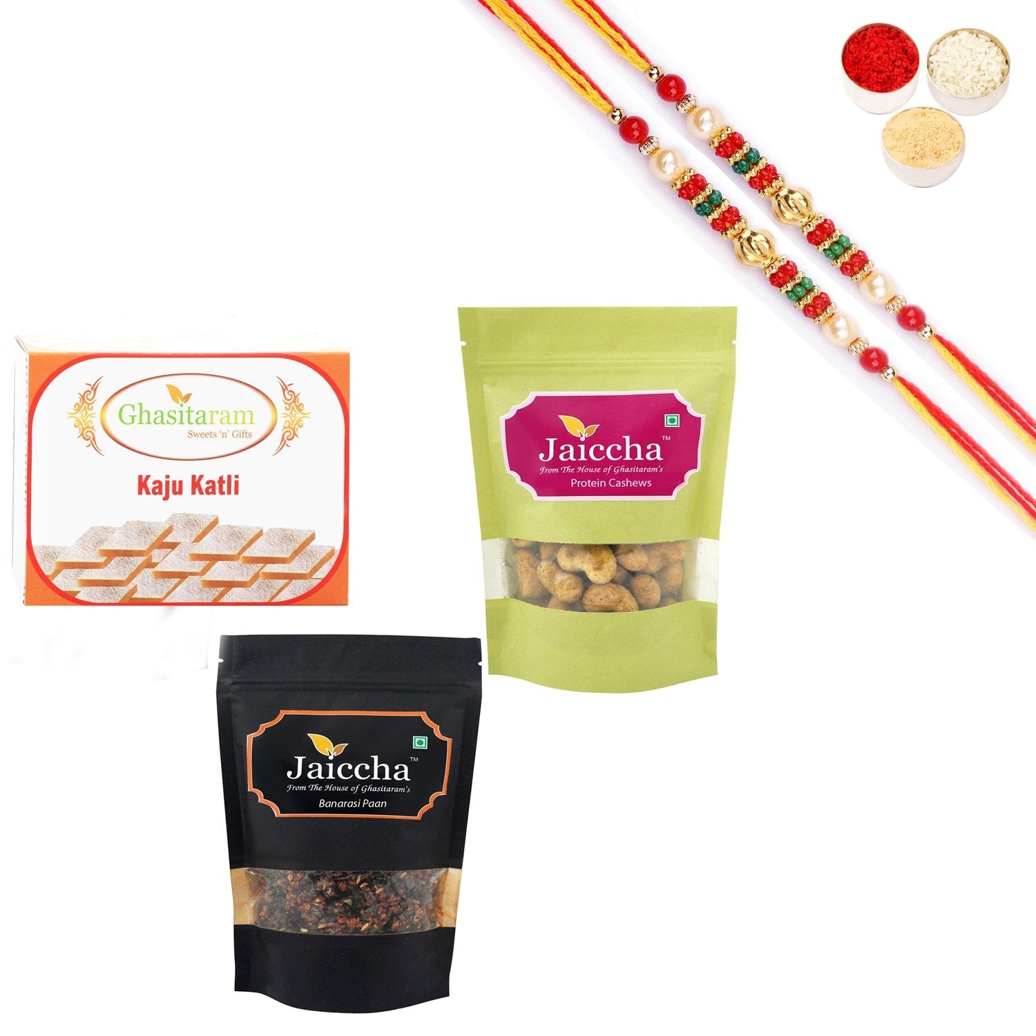 Ghasitaram Kaju Katlis,Protein Cashews and Banarsi Paan With Pearl Beads Rakhi | Grocsy