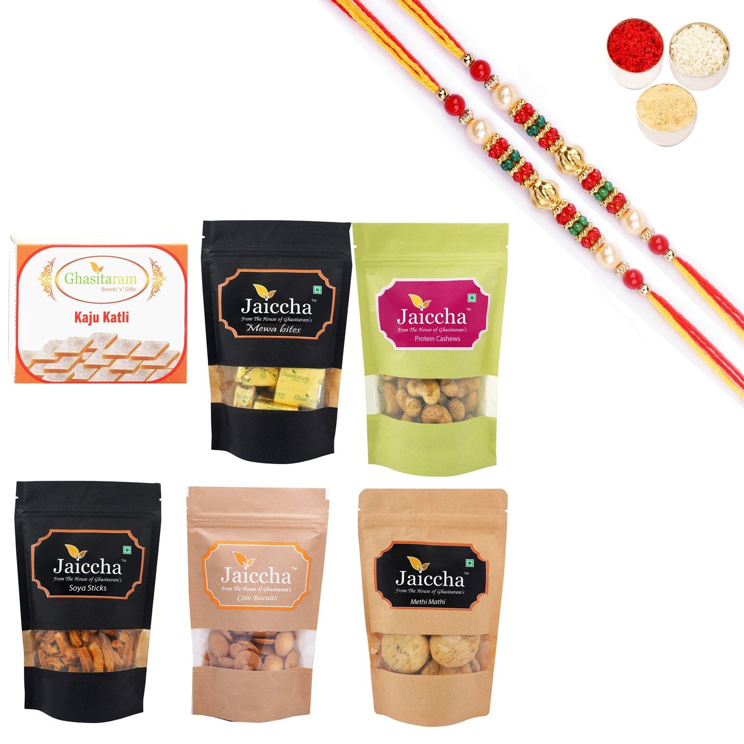 Ghasitaram Best of 6 Sweets and Snacks Combo with Pearl Beads Rakhi | Grocsy