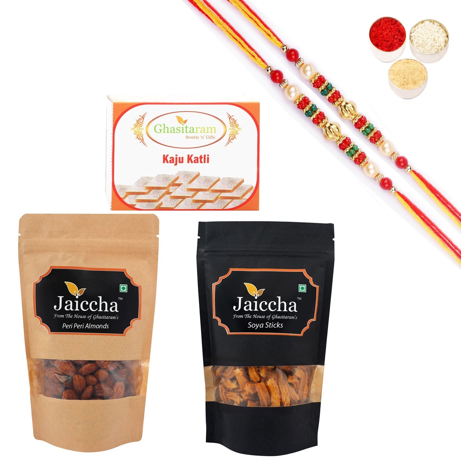 Ghasitaram Kaju Katli,Soya Sticks Pouch and Peri Peri Almonds Pouch With Pearl Beads Rakhi | Grocsy