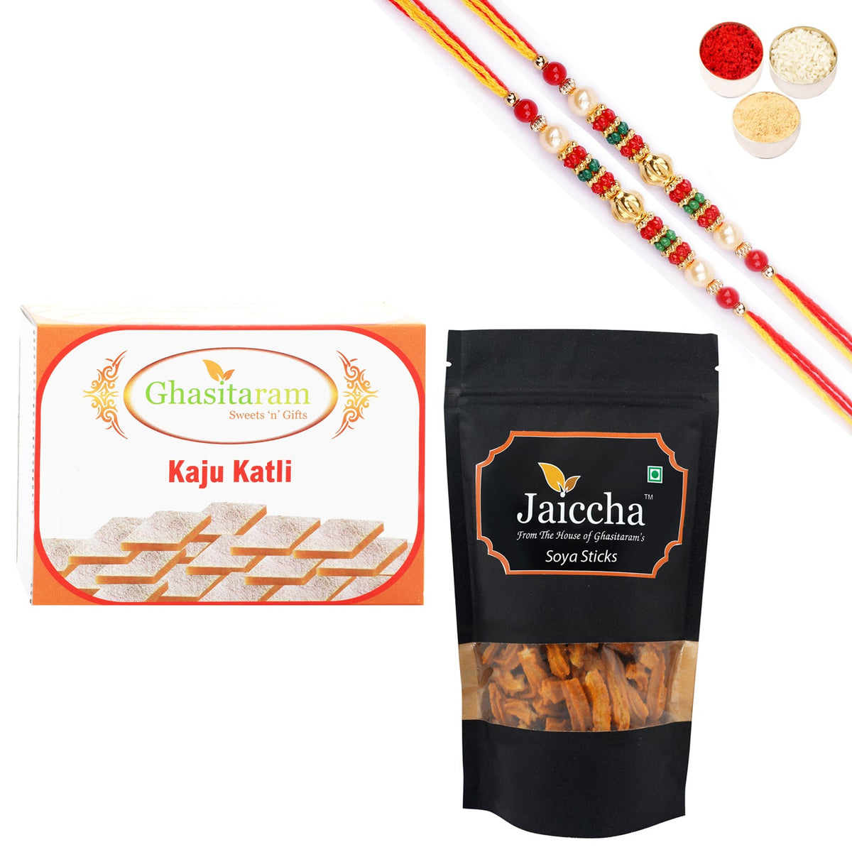 Ghasitaram Kaju Katli and Soya Sticks Pouch With Pearl Beads Rakhi | Grocsy