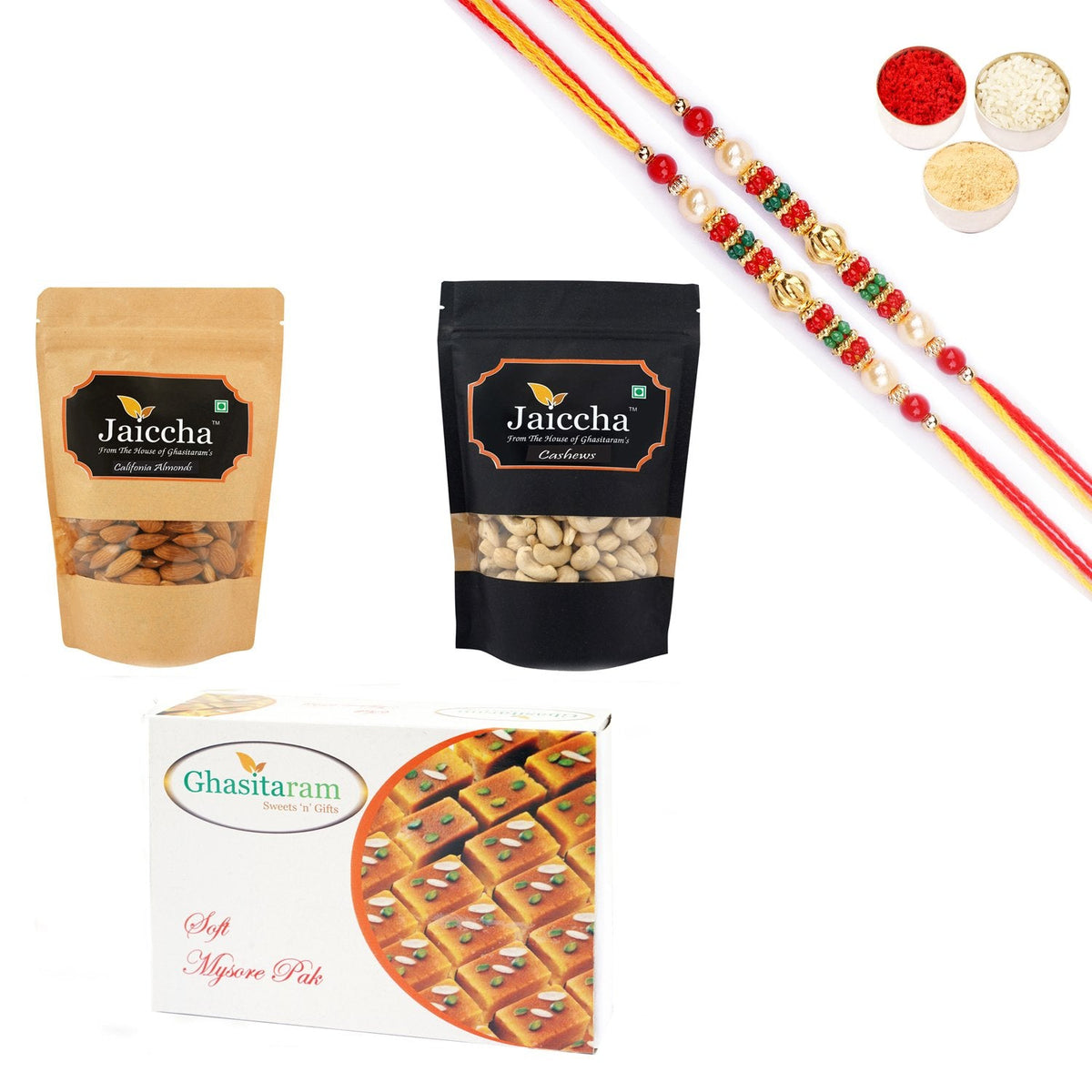 Ghasitaram Almonds,Cashews and Mysore Pak With Pearl Beads Rakhi | Grocsy
