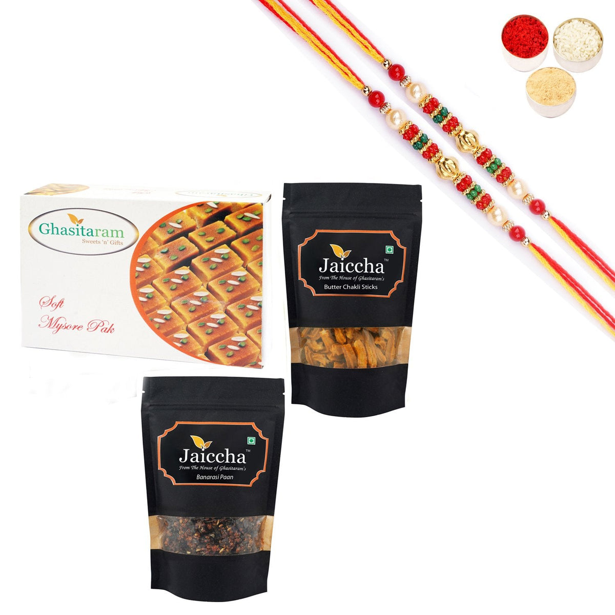 Ghasitaram Mysore Pak,Butter Chakli Sticks and Banarsi Paan With Pearl Beads Rakhi | Grocsy