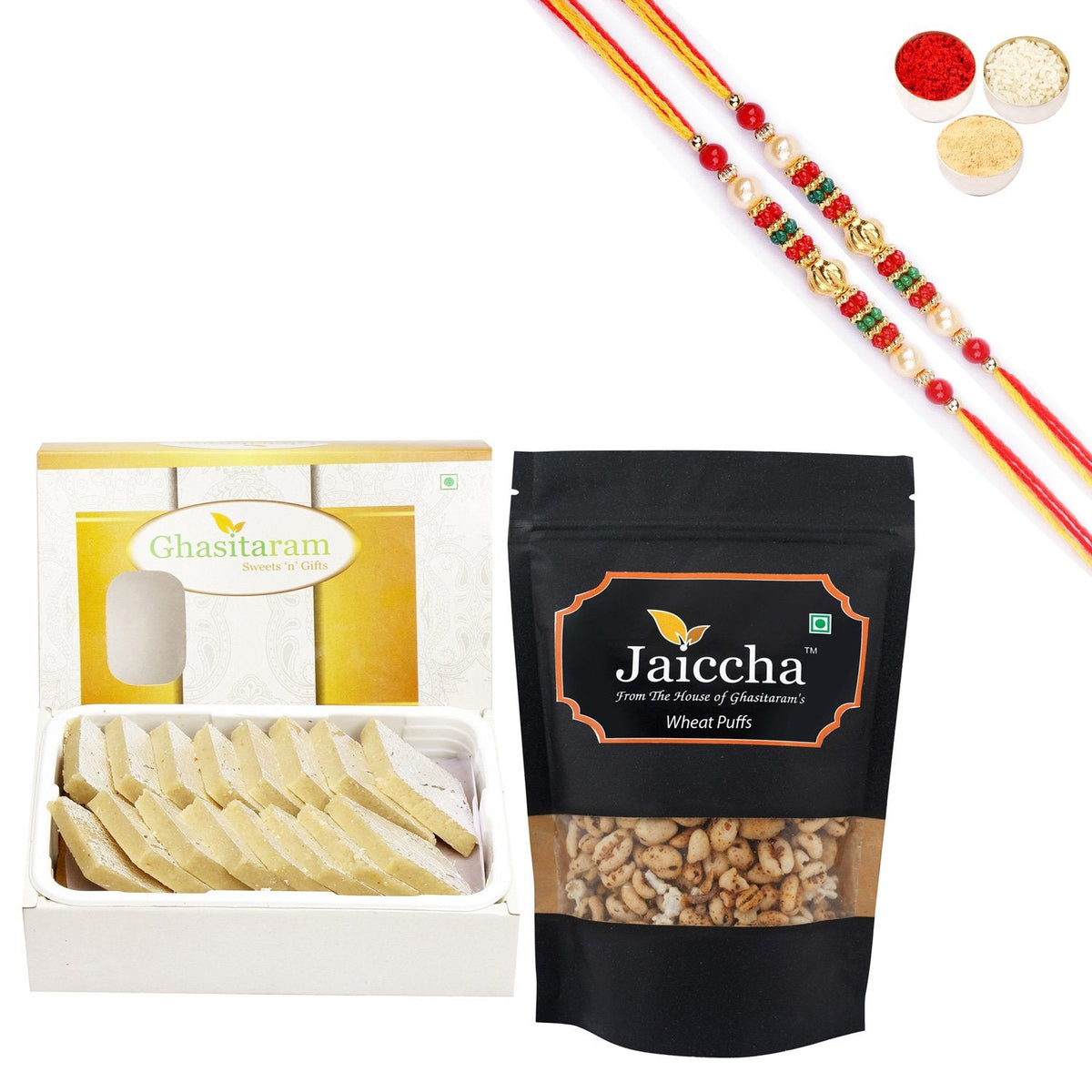 Ghasitaram Sugarfree Kaju Katli and Wheat Puffs With Pearl Beads Rakhi | Grocsy