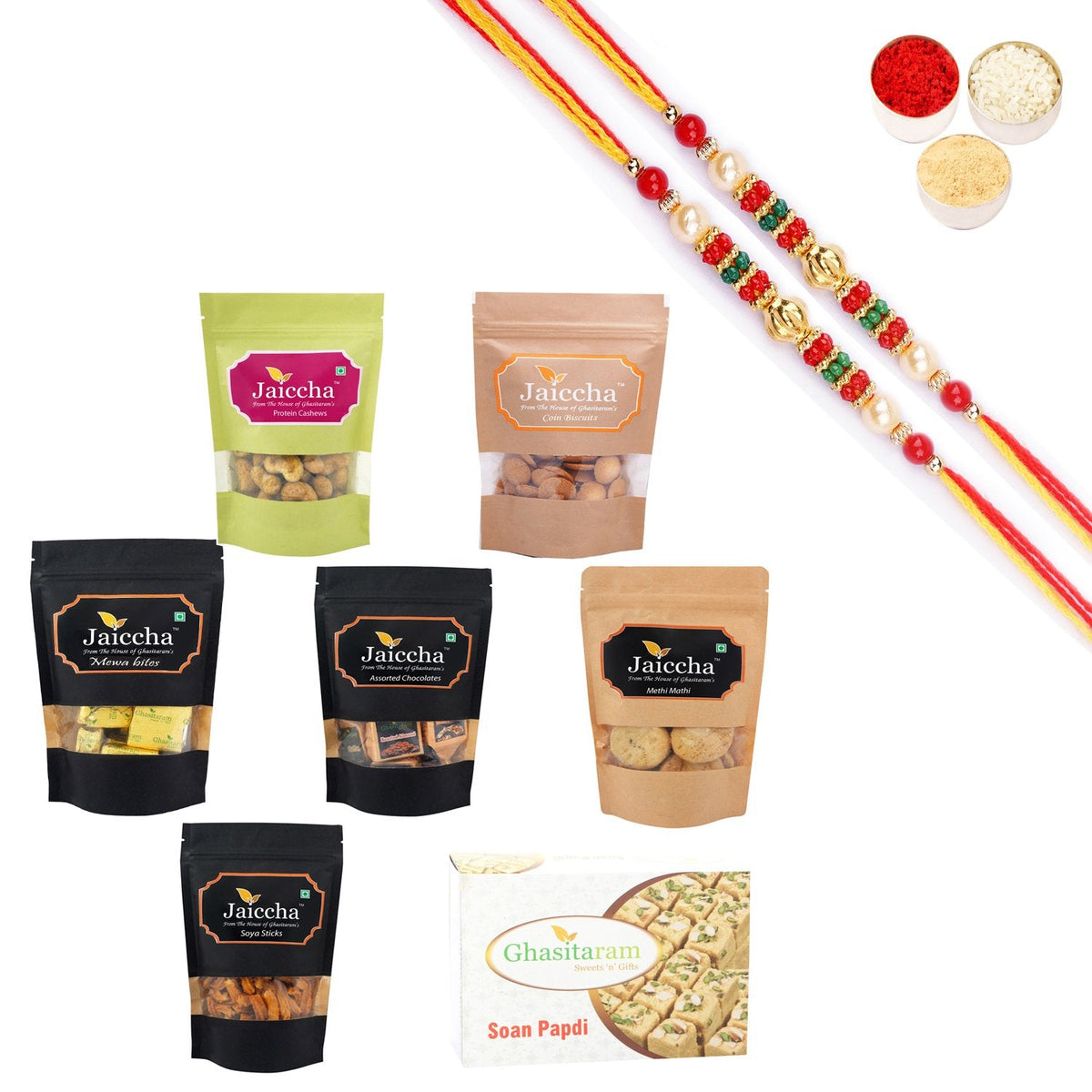 Ghasitaram Best of 7 Sweets and Snacks with Pearl Beads Rakhi Combo | Grocsy