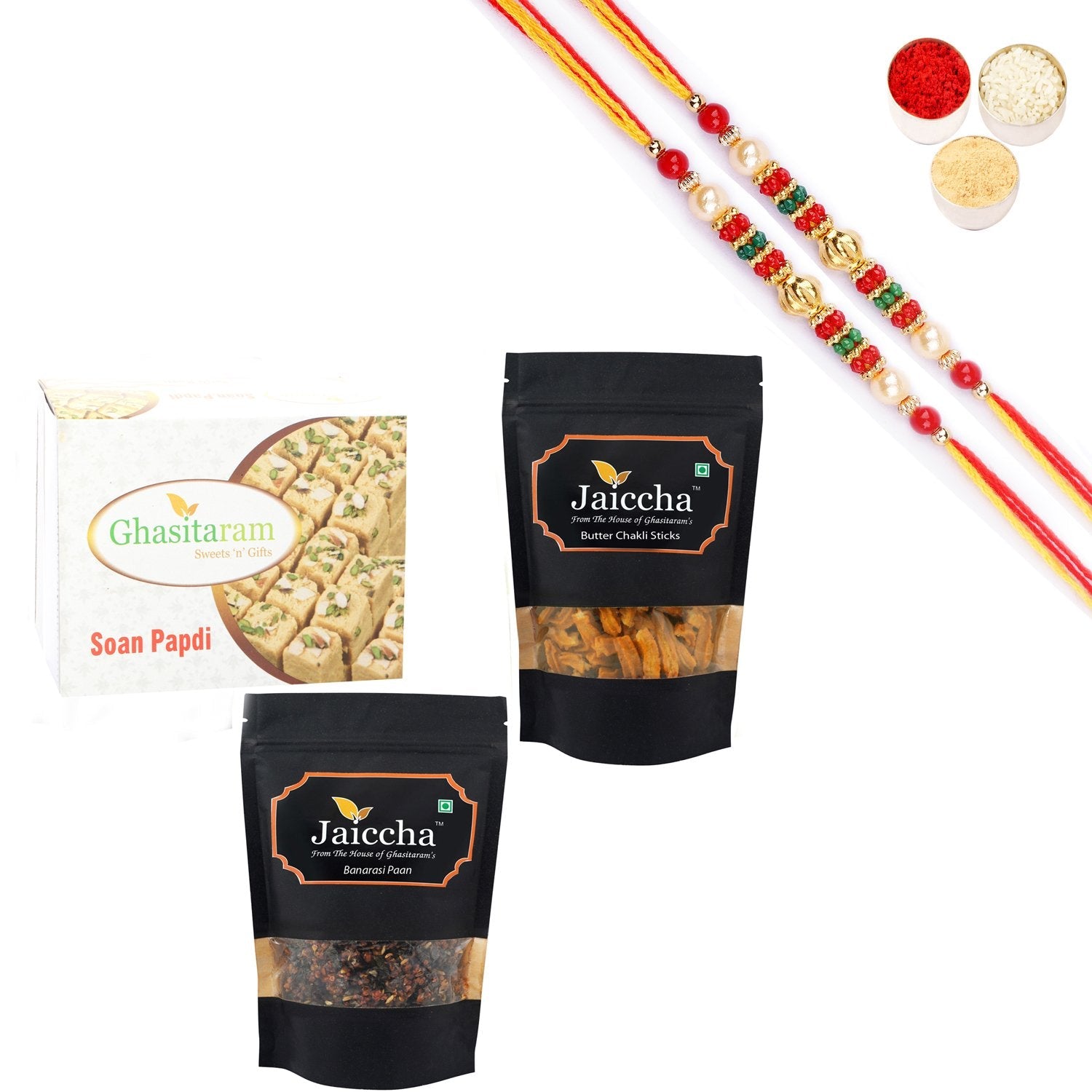 Ghasitaram Soan Papdi,Butter Chakli Sticks and Banarsi Paan With Pearl Beads Rakhi | Grocsy