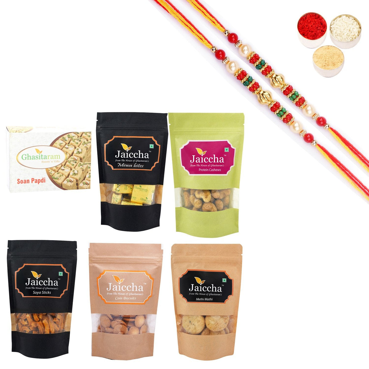 Ghasitaram Best of 6 Sweets and Snacks with Pearl Beads Rakhi Combo | Grocsy
