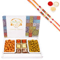 Ghasitaram Assorted Festive Box of Assorted Bites,Crunchy Cashews,Crunchy Peanuts With 2 Pearl Beads Rakhis | Grocsy