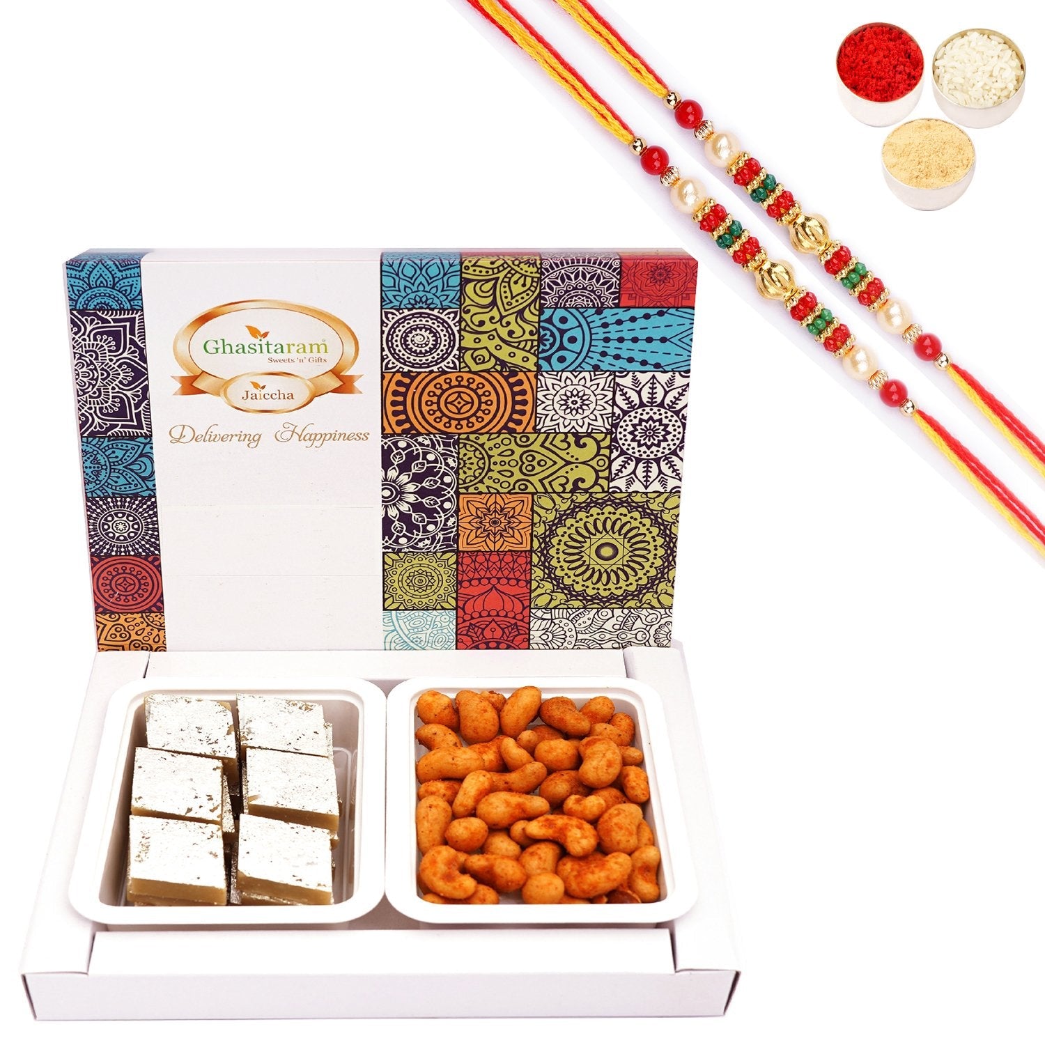 Ghasitaram Festive Box of Kaju Katli and Crunchy Cashews With 2 Pearl Beads Rakhis | Grocsy