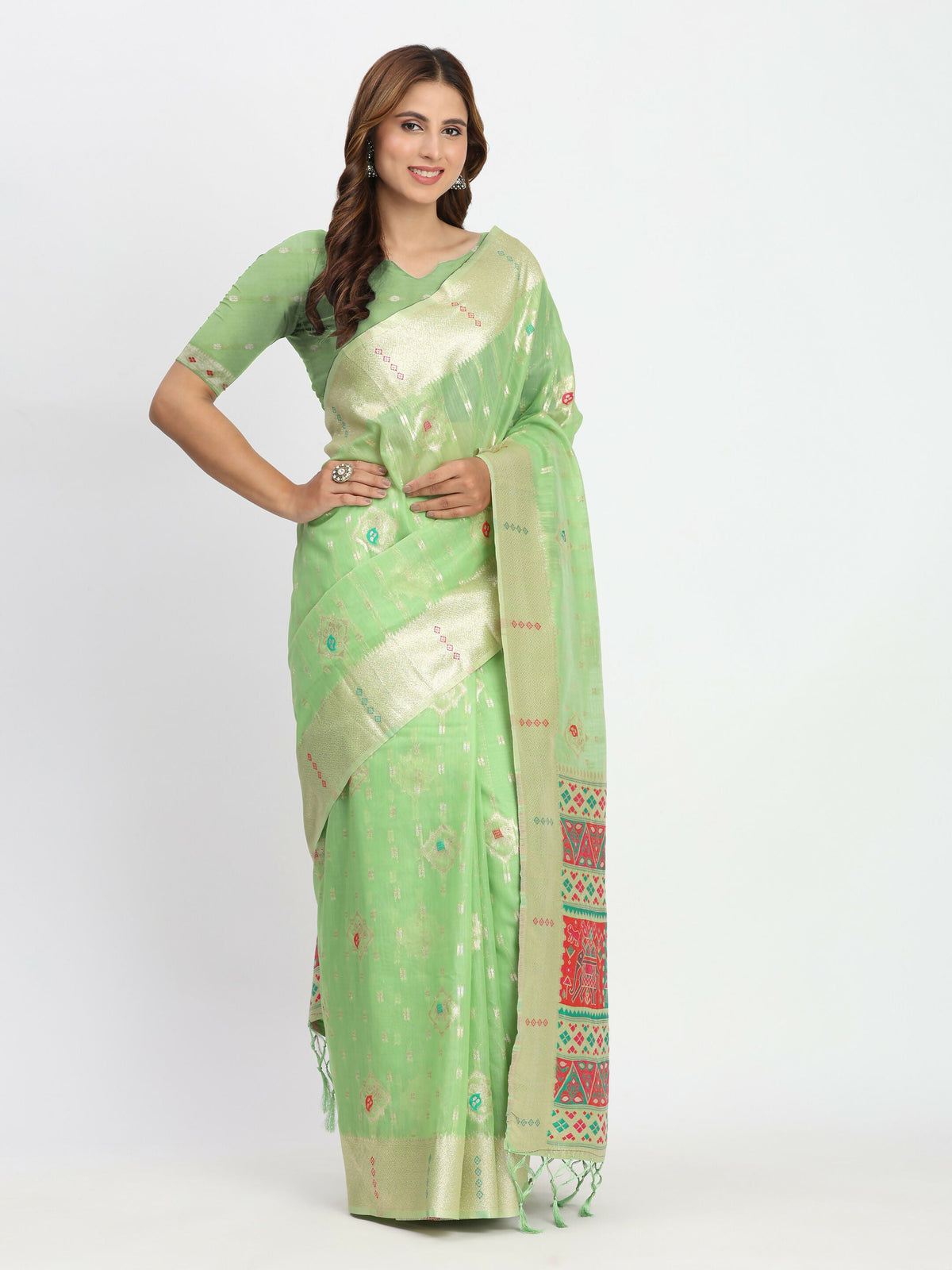 Shree Shyam Fashion Linen Cotton Light Green Saree | Grocsy